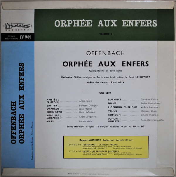 Jacques Offenbach, Orchestre Philharmonique De Paris (2) Direction René Leibowitz - Orphée Aux Enfers (Volume 1)